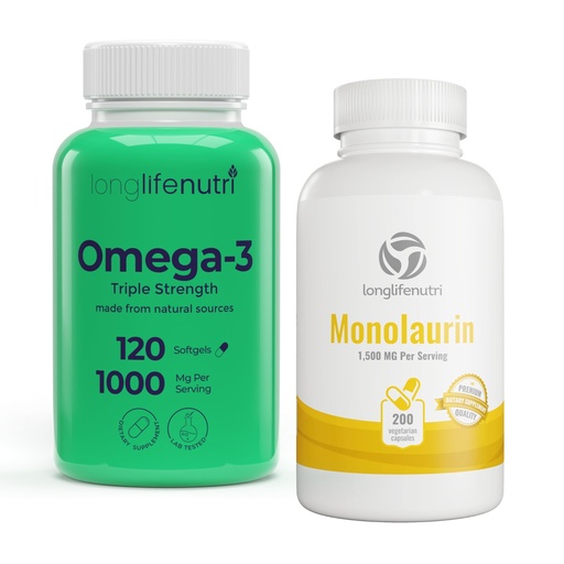 [BRSREFD7AANAAYLG] Omega 3 Fish Oil 1000mg & Monolaurin 1500mg Bundle – High EPA & DHA, Immune & Digestive Support, 120 Softgels + 200 Veg Capsules, 4-Month Supply, Non-GMO, GMP Certified, Made in USA