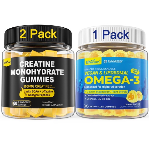 [BRSREEAEAADWEDY7] 2 Pack Creatine Monohydrate Gummies + 1 Pack Vegan Algae Omega-3 1000mg Gummies