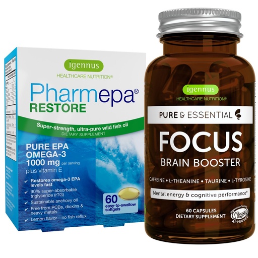 [BRSREYAHPJYQGGT4] Igennus Pharmepa Restore + Focus Nootropic Attention & Focus Bundle, 1000mg Pure EPA Fish Oil + 200mg Natural Caffeine, Methylated B-Vitamins, L-Theanine, Taurine & L-Tyrosine
