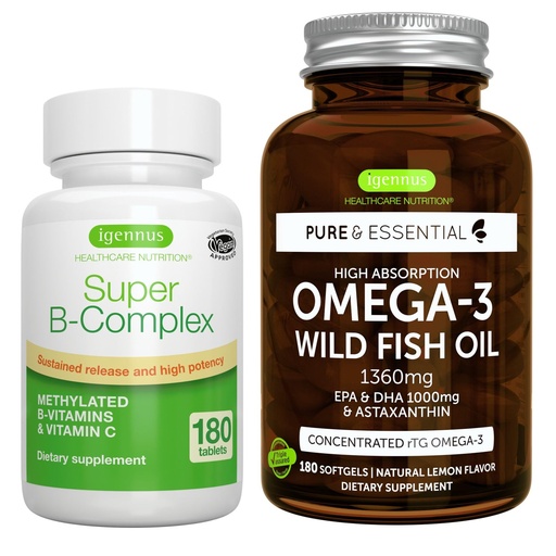 [BRSW2GIEOIIBUDL2] Super B-Complex 180 Tablets & High Absorption Omega-3 Wild Fish Oil 1360mg Bundle, Methylated Sustained Release B Complex and 1000mg EPA & DHA with Astaxanthin, by Igennus