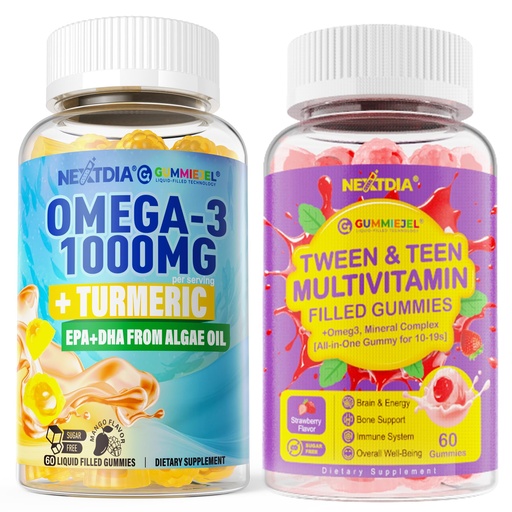 [BRSREBA6DJ5WC2DP] Multivitamin, Omega-3 Gummies 1000mg + Turmeric, 2Pack