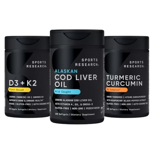[BRSREEI2BACAMFYZ] Sports Research® Multivitamins Pack - Omega-3 Wild Alaskan Cod Liver Oil 1000mg + Vitamin D 5000iu & Mk7 Vitamin K 100mcg + Turmeric Curcumin C3 Complex