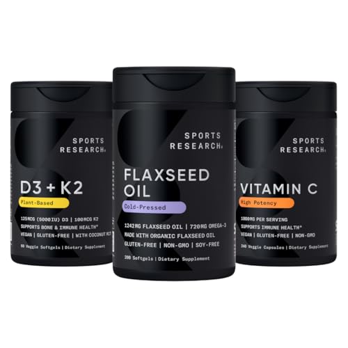 [BRSREEI2AQOWMC3X] Sports Research® Vegan Multivitamins Pack - Cold-Pressed Flaxseed Oil w/ 720 mg Omega-3 + Vitamin D 5000iu & Mk7 Vitamin K 100mcg + High Potency Vitamin C 1000 mg Supplement