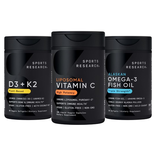 [BRSRGCYPOYDRUADF] Sports Research® Multivitamin Pack - Liposomal Vitamin C Supplement 1000 mg, Vitamin D3 5000iu + K2 100mcg, and Alaskan Omega-3 Fish Oil 1250mg