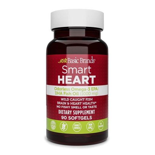 [BRSWYAQFOICGOEI6] Basic Brands Smart Heart Odorless Omega-3 Fish Oil, Burp-Less, No Fishy Smell, 1000 mg, 90 Count