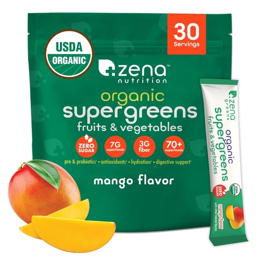 [BRSRAGD2BMHQAYAY] Zena Nutrition Organic Super Greens Powder, 70+ Superfoods, 0 Sugar, 3G Fiber, Spirulina, Chlorella, Mushrooms, Prebiotics/Probiotics, Digestive Enzymes for Gut Health, Mango, 30 Drink Mix Packets