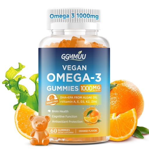 [BRSRGYAZDF7R4DTF] Vegan Omega 3 Gummies 1000MG Algal Oil Omega 3 Supplement for Adults with Algae DHA 600mg & EPA 300mg Fish Oil Alternative - for Eye & Immune Health, No Fish Taste, Orange Flavor, 60 Count
