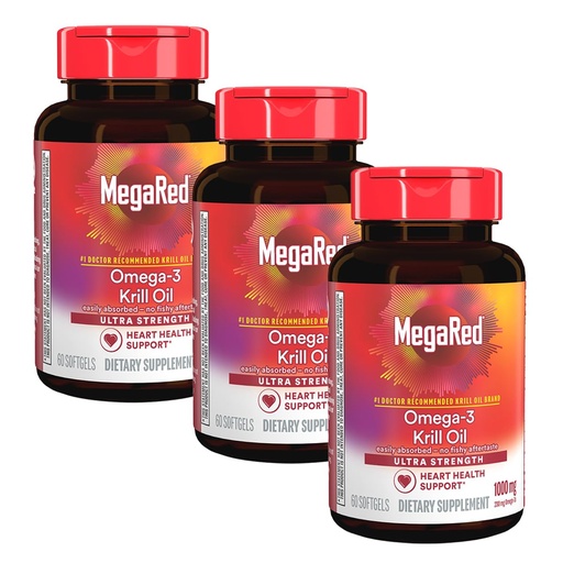 [BRSWY2Q3BVYAMDTH] MegaRed Ultra Strength 1000mg Omega-3 Krill Oil Supplement with EPA/DHA, Astaxanthin & Phospholipids, No Fish Oil Aftertaste Supports Heart, Brain, Joint and Eye Health, 60 Count Softgels (3 Pack)