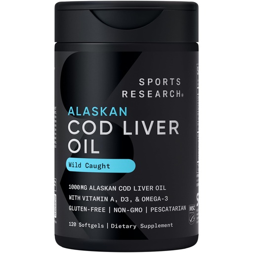 [BRSRAHQRA57GOGYU] Sports Research® Omega-3 Wild Alaskan Cod Liver Oil 1000mg with Vitamins A (1000 IU) & D3 (400 IU) - Burpless, Bovine Free, Non-GMO, & MSC Certified Sustainable - 120 Softgels