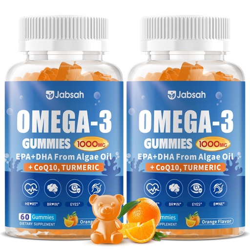 [BRSRECQ6BMNBEG3A] Vegan Omega-3 Gummies 1000mg from Algae Oil (DHA 460mg & EPA 230mg), Omega 3 Fish Oil Alternative for Adults, Plus Turmeric & CoQ10 for Brain, Eye & Immune Health, No Fishy Taste, Sugar Free, 120 Cts