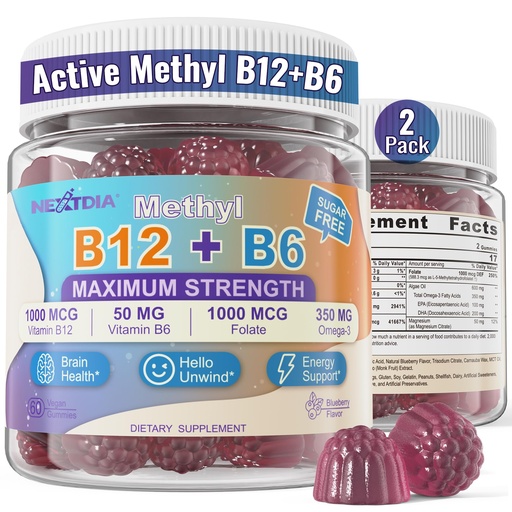 [BRSREZIYDIGRA3LF] Vitamins B12 & B6 Gummies Boost Energy, w/Methyl B12 1000mcg, L-Methylfolate, B6, Omega-3 DHA, Magnesium | Methylated B-Complex Multivitamin Supplement for Brain Function & Methylation, Vegan, 120Cts