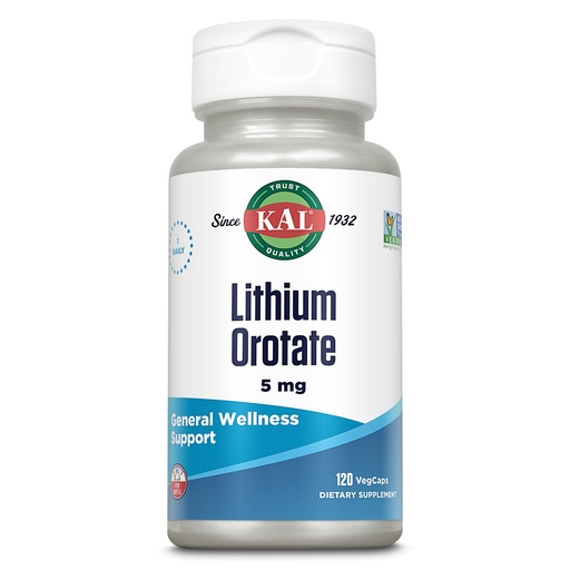 [BRSWKFAEAJYWGE36] KAL Lithium Orotate 5 milligrams | Low Serving Of Chelated Lithium Orotate For Bioavailability and Mood Support | In Organic Rice Bran Extract Base | 120 VegCaps