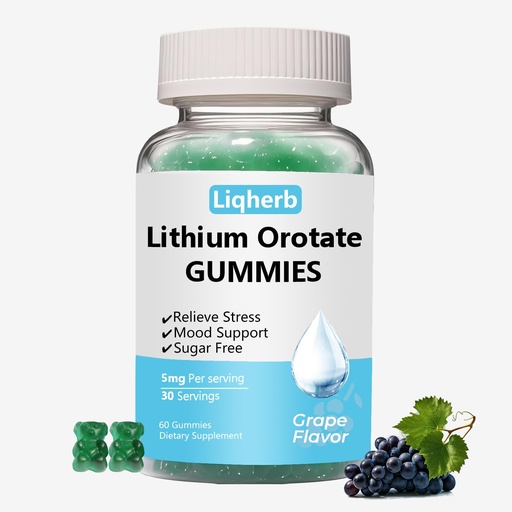 [BRSREYYFDN5QGYA2] Lithium Orotate 5mg Gummies for Mood Support & Stress Management - Vegan Sugar-Free, Non-GMO, Gluten Free, Grape Flavor, 60