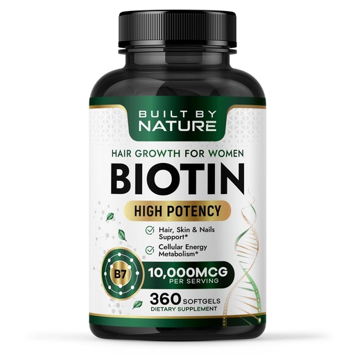 [BRSREAQNAQPRQE33] Built by Nature Biotin 10,000 mcg for Hair Growth Women, 360 Softgels | High Potency Vitamin B7 Supplement, For Hair, Skin & Nails