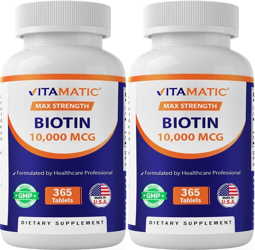 [BRSREFAYPMHGMH34] Vitamatic Biotin 10,000 mcg (10 mg) for Stronger Hair, Skin & Nails - 365 Vegan Tablets- Also Called Vitamin B7-2 Pack