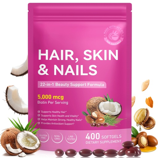 [BRSRGFITAQBAIAAZ] Hair Skin Nail Multivitamin & Biotin, 5000 mcg Biotin of Per Serving with Vitamin A/C/E/B Vitamins/Collagen/Keratin/Argan Oil for Hair/Nail Growth, Radiant Skin Support - for Women & Men|400 Pcs