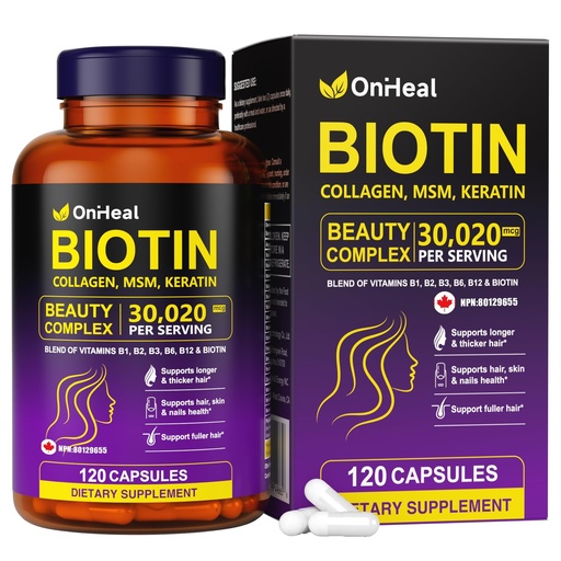 [BRSREFL7DICBYYLA] Biotin, Collagen, Hyaluronic Acid and Keratin Complex OnHeal Hair Regrowth Vitamin 30020mg - 120 Capsules for Thick Hair, Moisturized Skin, Strong Nails