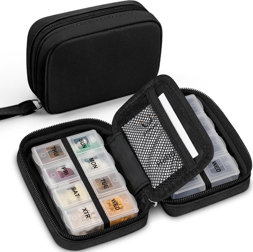 [BRSRAAQEDNYWG3YV] Zannaki Cute Pill Organizer for Purse with Two Removable 7-Day Pill Box, Travel PU Leather Pill Case, Portable Weekly Pill Container with Storage Bag to Hold Vitamins, Fish Oils, Supplements (Black)