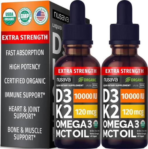 [BRSRABIHBMNA2HLD] (2 Pack) Extra Strength Organic Vitamin D3 K2 Drops with MCT Oil, Omega 3, 10000 IU - Vitamin D Liquid, No Fillers, Non-GMO D3 for Faster Absorption and Immunity, Unflavored - (2 Fl Oz, 60 Servings)