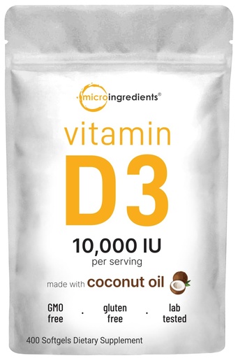 [BRSRAGL7OQJQACT5] Micro Ingredients Vitamin D3 10,000 IU, 400 Softgels | Virgin Coconut Oil | Cholecalciferol Form | Bone, Immune & Heart Support | Easy to Swallow, Non-GMO