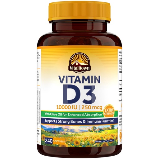 [BRSREGIBOIIQ4DLL] Vitalitown Vitamin D3 10,000 IU (250 mcg), High Potency for Bone, Teeth, and Immune Function Support, Olive Oil Based, Enhanced Absorption, 240 Softgels