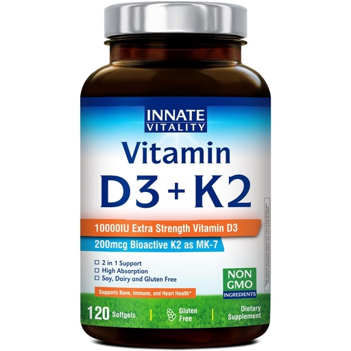 [BRSREGQDOICAIYLG] Innate Vitality Vitamin D3 K2 Supplement, High Potency Vitamin D3 10000 IU & Vitamin K2 (MK-7) 200 mcg, Supports Bone, Teeth, Heart & Immune Health, Non-GMO, Gluten Free, 120 Softgels