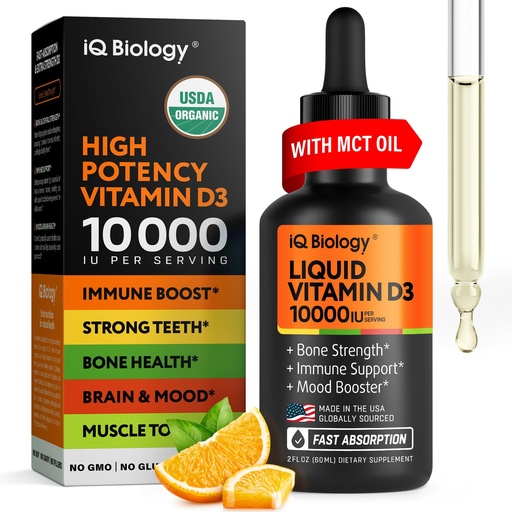 [BRSRAGQ2BYJRQC3A] Liquid Vitamin D3 10000 IU (250 mcg) - USDA Organic Vitamin D Drops for Adults & Kids - 100-Day Supply - Vit D3 with MCT Oil for Better Absortion - Bone & Immunity Support, Dental Health*, Made in USA