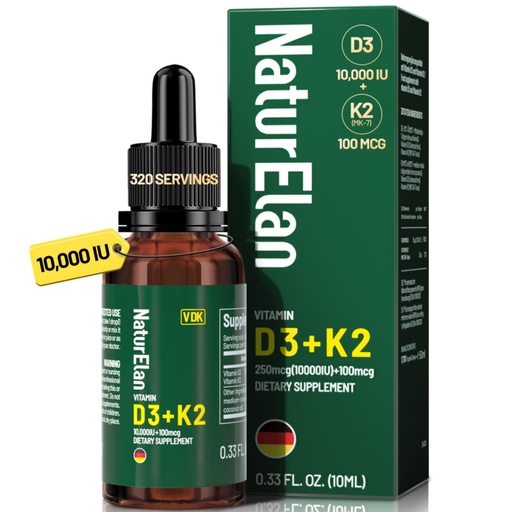 [BRSRAAABCINQK2A2] Organic Vitamin D3 K2 Drops with MCT Oil, 10,000 IU Vitamin D Liquid Drops + 100mcg K2(MK-7), 320 Servings, Supports Bone, Immune, Heart & Teeth Health, Third-Party Tested, Vegan, Non-GMO, Gluten Free