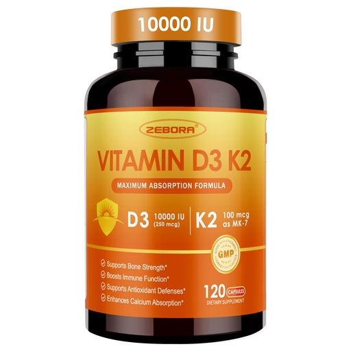 [BRSREZTRBF4A4YDA] ZEBORA Vitamin D3 K2 - Maximum Strength 10000IU D3 & 100mg K2 as MK-7 - Heart, Bone, Immune Health & Antioxidan Defenses Support - Gluten-Free, Non-GMO, 120 Capsules