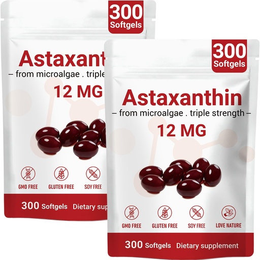 [BRSRGGLYAUARUHLV] Astaxanthin 12mg - 2 Packs Potent Antioxidant Supplements for Eye, Skin, Fresh Microalgae Source, Promotes Immune Health & Internal Circulation, Non-GMO & Gluten Free, 600 Softgels