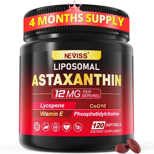[BRSREZ3QCB7G2AD7] Liposomal Astaxanthin Supplements 12mg / 24mg with Lycopene, CoQ10, Lutein, Vitamin B6, E, Zinc, Coconut Oil - Fresh Microalgae Source Powerful Antioxidants for Healthy Skin, Eyes, Aging -120 Softgels
