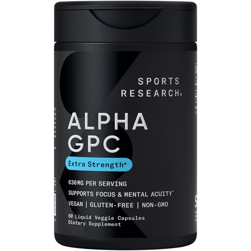 [BRSREEIHOEGWG3Q6] Sports Research® Alpha GPC 630mg (Extra Strength) - Bioavailable Source of Choline - Focus & Cognitive Support for Women & Men - Vegan Certified · Non-GMO · Gluten Free - 60 Liquid Capsules