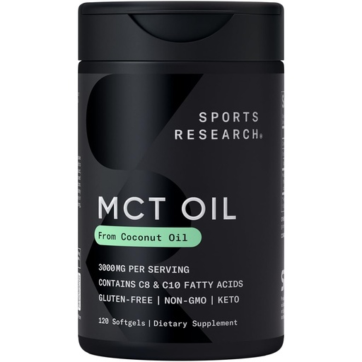 [BRSWKHQTAQOWIH3B] Sports Research MCT Oil Capsules derived from Coconut Oil | Keto Fuel for The Brain & Body | High Potency 3000 mg | Derived from Non-GMO Coconuts (120 Softgels)