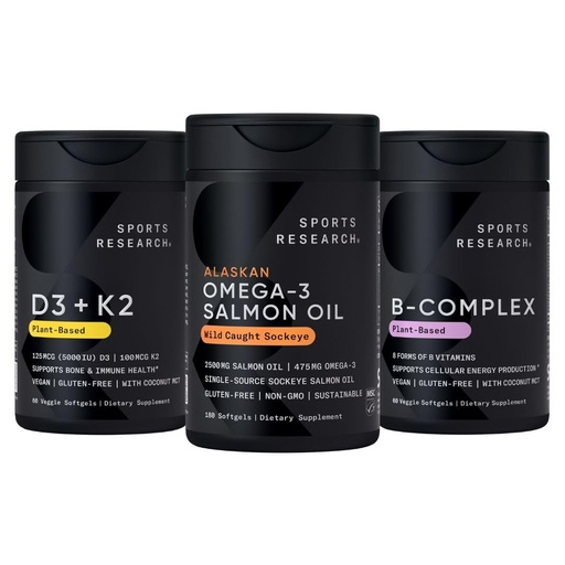 [BRSRGZY3PN7RQD3X] Sports Research® Supplements Pack - Omega 3 Salmon Oil + Vegan Vitamin D 5000iu & Mk7 Vitamin K 100mcg + Vitamin B-Complex
