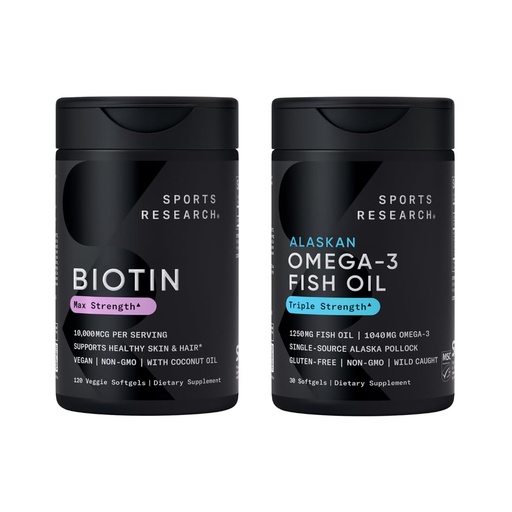 [BRSRAH32BMBGM3QV] Sports Research® Triple Strength Omega 3 Fish Oil 1250mg from Wild Alaska Pollock - Burpless Fish Oil Supplement with Omega3s EPA & DHA and Vegan Biotin 10,000mcg + Coconut Oil Max Strength B7 Vitamin
