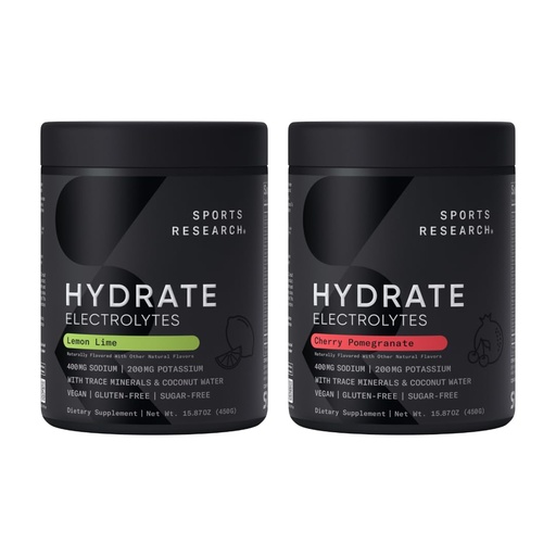 [BRSRAHQFB4BGC3TU] Sports Research Hydrate Electrolytes Powder - Sugar-Free & Naturally Flavored with Vitamins, Minerals, and Coconut Water - Supports Hydration - Cherry Pomegranate & Lemon Lime