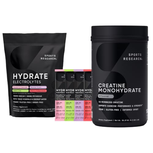 [BRSRGH32OANBS3Y6] Sports Research® Gym Pro Pack - Creatine Monohydrate - Gain Lean Muscle, Improve Performance and Strength and Support Workout Recovery 2.2LB + Hydrate Electrolytes Powder Variety Pack