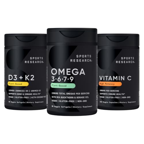[BRSREEIZPMIG2CA4] Sports Research® Essentials Pack - Vegan Multi-Spectrum Omega 3-6-7-9 + Vitamin D 5000iu & Mk7 Vitamin K 100mcg + Vitamin C 1000mg