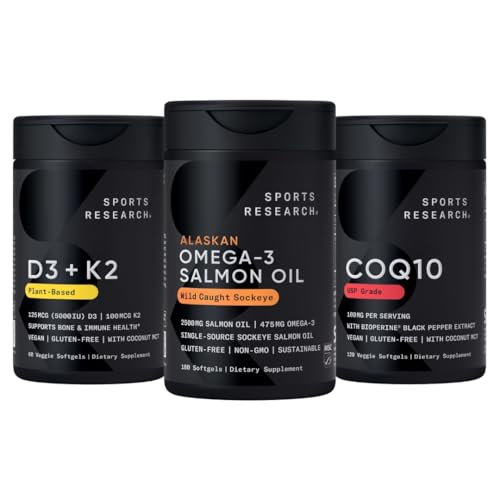 [BRSRGZY3CQMGOAA7] Sports Research® Supplements Pack - Omega 3 Salmon Oil + Vegan Vitamin D 5000iu & Mk7 Vitamin K 100mcg + CoQ10 (100mg)