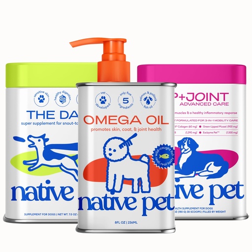 [BRSREBL6CIFW2GTU] Native Pet Ageless Energy Bundle Pack: Advanced Care Hip & Joint Supplement for Dogs & The Daily 11-in-1 Multivitamin Powder - 30 Scoops, Omega 3 Fish Oil for Dogs & Cats - 8 Oz