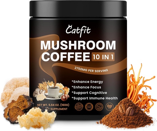 [BRSRAAQFDIGRG3TX] Catfit Mushroom Coffee Powder, 10 Mushroom Blend Supplements with Lion's Mane, Chaga, Cordyceps, L-Theanine for Energy, Focus, Cognitive and Immunity, 50 Serving