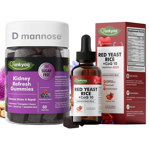 [BRSRGZINOB6QE23V] Q'ankyaq D mannose Gummies for Women, Kidney Cleanse Detox & Repair Gummies, Red Yeast Rice with CoQ10 Liquid Drops, 1200mg Red Rice Yeast Extract for Cholesterol Health