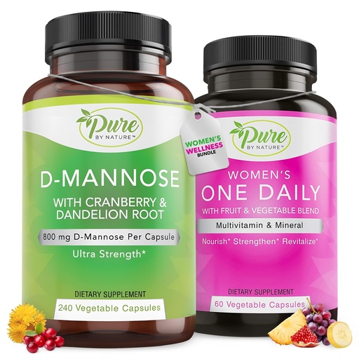 [BRSREA34OQNBACTB] Pure By Nature Bundle Pack of 600mg D Mannose 240 Capsules & One Daily Multivitamin for Women 60 Capsules Supplements, Immunity & Urinary Tract Health Support Women’s Wellness Bundle