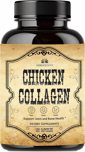 [BRSROFQKC4MAYHT3] HERBALICIOUS Chicken Collagen Capsules – Collagen Supplement for Joint, Skin & Bone Support – Hydrolyzed Collagen Peptides from Chicken Bone Broth – Non-GMO, Anti-Aging – 120 Capsules