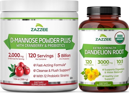 [BRSRGGIQO57WOAL7] Zazzee Urinary Tract Cleanse & Detox Bundle | USDA Organic Dandelion Root Extract Capsules Plus D Mannose with Cranberry Probiotics for Women | Non-GMO Vegan & ISO Lab Tested (120 Servings Each)