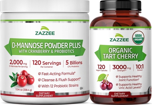 [BRSRGHTROV6BSEIV] Zazzee Kidney Bladder & Urinary Tract Support Bundle | Organic Tart Cherry Extract Capsules Plus D Mannose with Cranberry Probiotics for Women | Non-GMO Vegan & ISO Lab Tested (120 Servings Each)