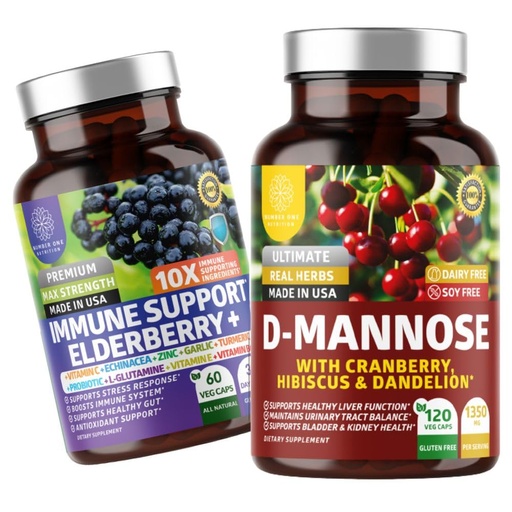 [BRSRAGATA4HQ2HT6] Number One Nutrition N1N Premium D-Mannose with Cranberry & Hibiscus [1350mg], 120 Capsules, and Immune Support Booster with Elderberry, Vitamin C, Echinacea & Zinc, 60 Capsules, 2 Pack Bundle