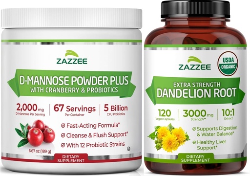 [BRSREEA2OZYWCG3B] Zazzee Urinary Tract Cleanse & Detox Bundle | USDA Organic Dandelion Root Extract Capsules Plus D Mannose with Cranberry Probiotics for Women | Non-GMO Vegan & ISO Lab Tested