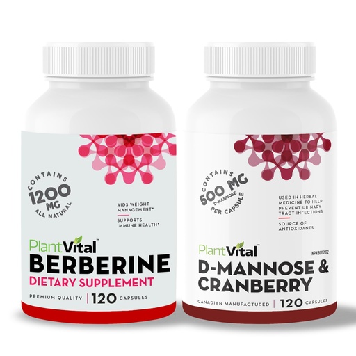 [BRSROCDQDIFRYH37] Plantvital Bundle Power Duo: Berberine 500mg-120 Capsules for Immunity & Cardio Health and D Mannose with Cranberry 1000mg-120 Capsules for Urinary Tract Support -Vegan, Non-GMO.