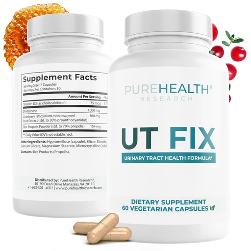 [BRSRM2YRDEIBUHIZ] PUREHEALTH RESEARCH UT Fix - Urinary Tract Health Formula - Urinary Tract Support for Women & Men - Cranberry Supplement with D Mannose 1000mg, Vitamin D3 & Bee Propolis - 60 Capsules